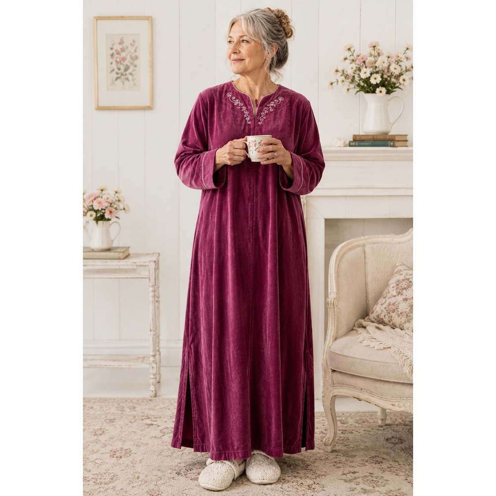 Carole Hochman Robe Womens M Magenta Velour Embroidered Loungewear Vintage